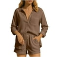 thumbnail image 1 of AINIYS Womens Two Piece Long Sleeve Shirts Sets Outfits Button Down Loose Shirt Short Pants Fall Set Brown S, 1 of 9