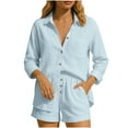thumbnail image 1 of AINIYS Womens Two Piece Long Sleeve Shirts Sets Outfits Button Down Loose Shirt Short Pants Fall Set Sky Blue XL, 1 of 9