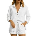 thumbnail image 1 of AINIYS Womens Two Piece Long Sleeve Shirts Sets Outfits Button Down Loose Shirt Short Pants Fall Set White XL, 1 of 9
