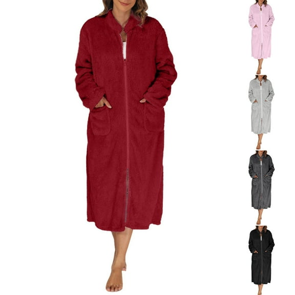 AINIYS Womens Velvet Bathrobe Long Sleeve Warm Thick Nightgown Casual Home Wear Robe for Winter able Loose Soft Sleepwear Dark Gray M