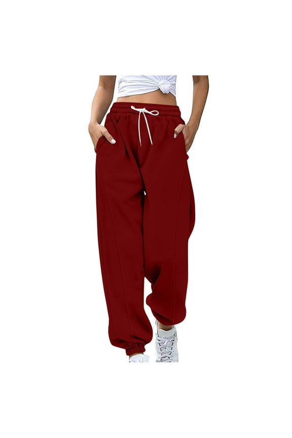 Womens Wide Leg Sweatpants High Waisted Elastic Drawstring Baggy Pants Solid Fashion Workout Active Joggers Athletic Pants Wine XXL