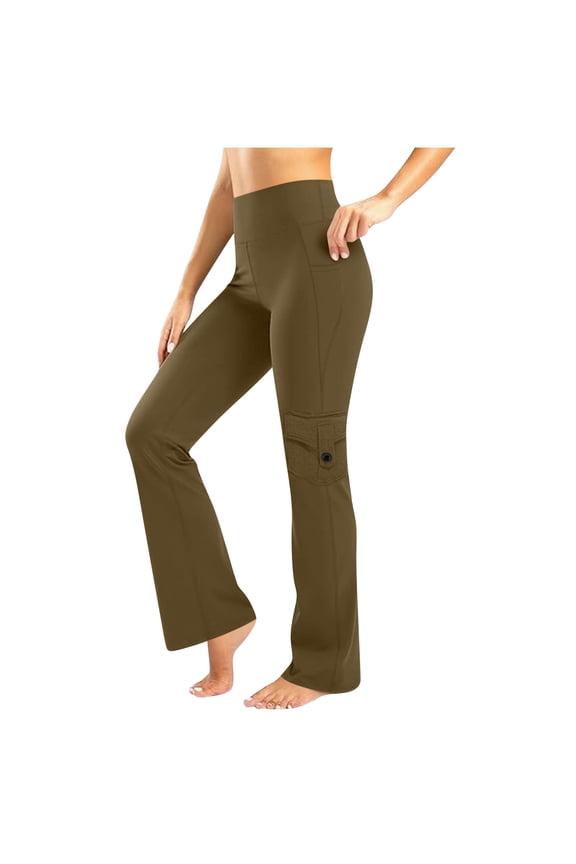Yoga Flare Leggings for Women High Waisted Yoga Casual Solid Workout Leggings Pants with Pockets Brown S