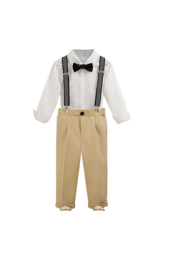 Boy Formal Suit Set Boy Suspender Outfit Long Sleeve Shirt Straight Pants Bow Tie Suspenders Set for Church, Graduation, Birthday, Party, Formal Events Khaki 4-5Years