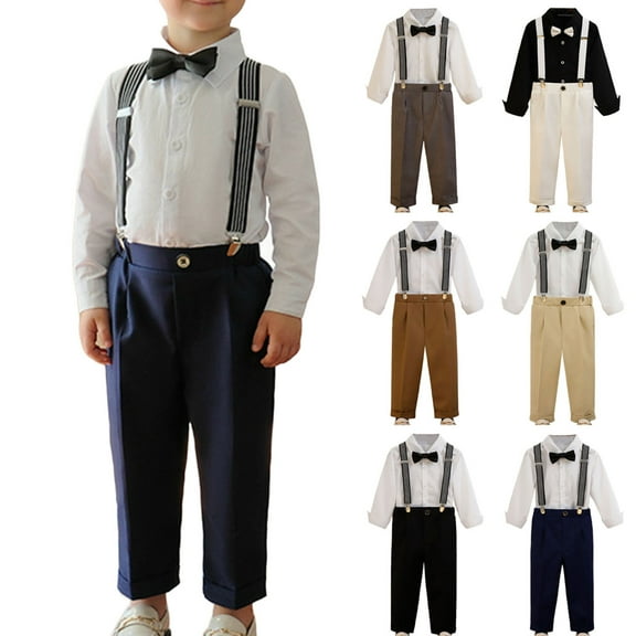 AINIYSBoy Formal Suit Set Boy Suspender Outfit Long Sleeve Shirt Straight Pants Bow Tie Suspenders Set for Church, Graduation, Birthday, Party, Formal Events Black 3-4Years