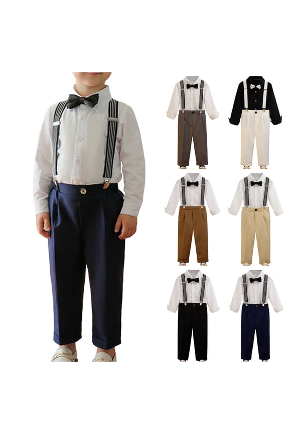 Boy Formal Suit Set Boy Suspender Outfit Long Sleeve Shirt Straight Pants Bow Tie Suspenders Set for Church, Graduation, Birthday, Party, Formal Events Black 3-4Years