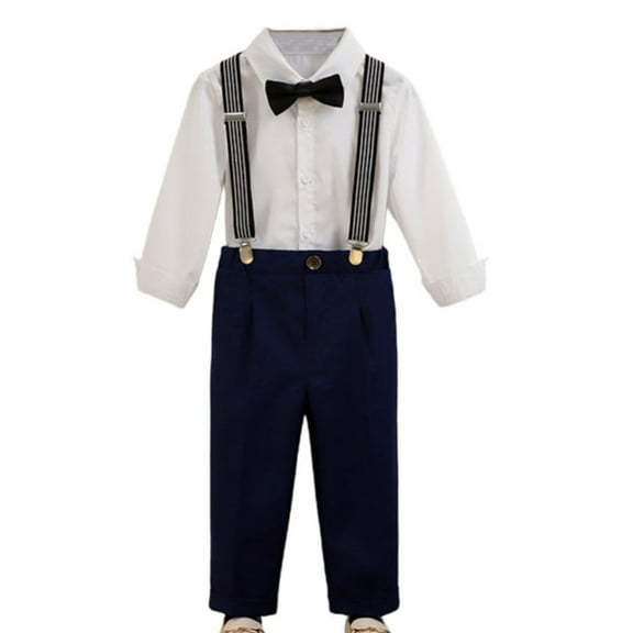 AINIYSBoy Formal Suit Set Boy Suspender Outfit Long Sleeve Shirt Straight Pants Bow Tie Suspenders Set for Church, Graduation, Birthday, Party, Formal Events Navy 5-6Years