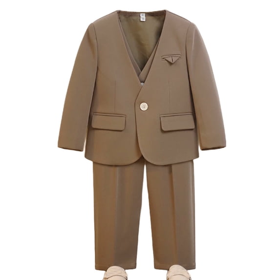 AINIYSBoys Suit Outfit for Kids V Neck Suit Coat Sleeveless jacket straight pants 3Pcs Outfit for Boys Formal Tuxedo Set Brown 9-10Years