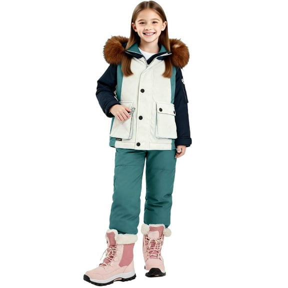 AINIYSKids Snow Jacket And Pant 2Pcs Boys Girls Snowsuit Winter Warm Clothes Snow Bib Outfits Green 1-2Years