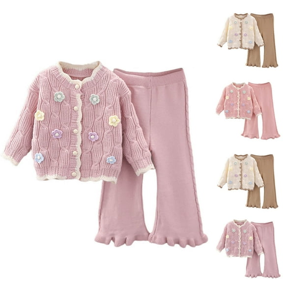 AINIYSLittle Girl Clothes Outfit 3D Flowers Cute Knitted Crewneck Button Cardigan Sweaters Stretch Flare Pants Fall Winter Outfits for Kids Beige 2-3Years