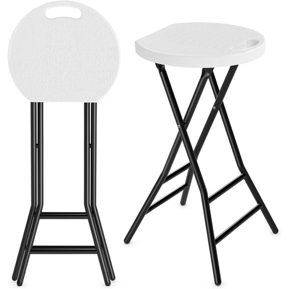 AINUO 2 Pack 24 Inch Folding Bar Stools, White Portable Foldable Round Stool with Handle, Metal and Plastic Collapsible Chair, 550lbs Capacity for Home Kitchen