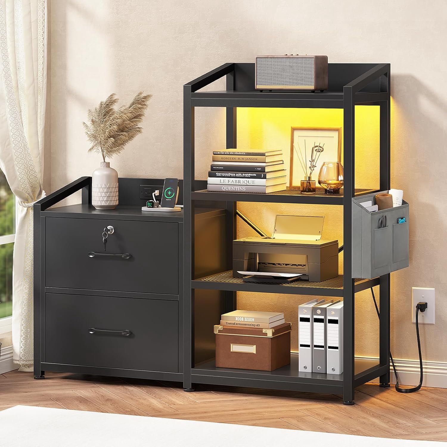 Led Open Filing Light AINUO 35.4 Inch 2-Drawer Black File Cabinet, Lockable Filing Cabinet ...