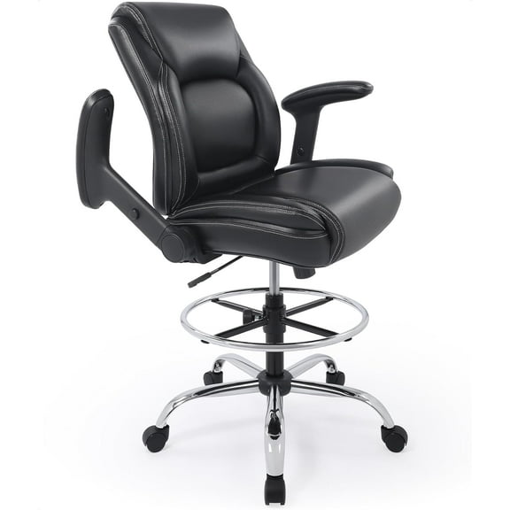 AINUO Ergonomic Mid-Back Drafting Chair, Premium Faux Leather Adjustable Tall Office Stool, 360 Swivel Computer Chair with Multi-Function Arms and Foot Ring, Perfect for Standing Desk, Black