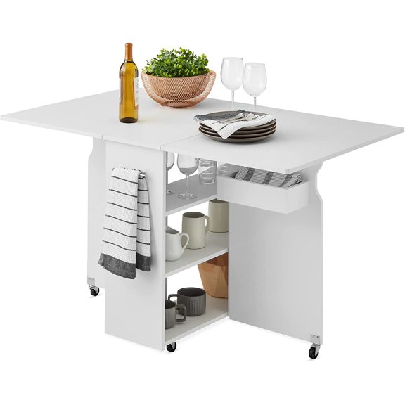 AINUO Folding Dining Table, Drop Leaf Extension Desk with Wheels, Multipurpose Space Saving Collapsible Table with 3 Storage Shelves for Home Kitchen Dining Room