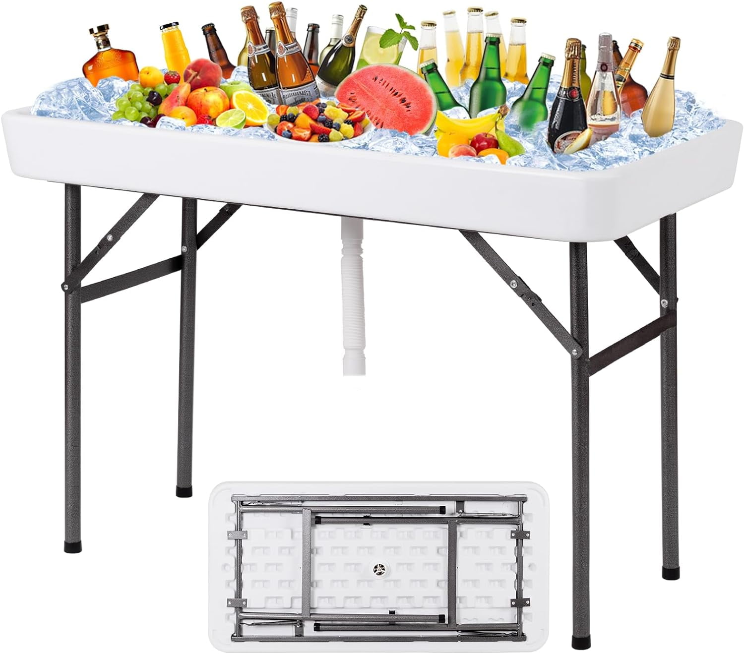 AINUO Folding Ice Cooler Table with Matching Skirt and Drain Hose, Portable Foldable Beverage Buffet Server Chill Table for Party, Picnic, BBQ and Camping