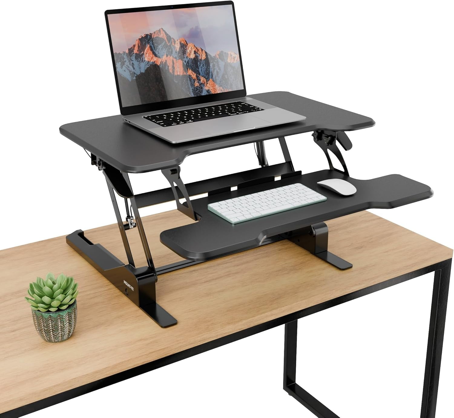 AINUO Height Adjustable Standing Desk Converter, 30 Inch Wide Gas Spring Compact Tabletop Standing Desk Riser, Black Stand Up Desktop Desk with Keyboard Tray for Monitor and Laptop Home Office Use