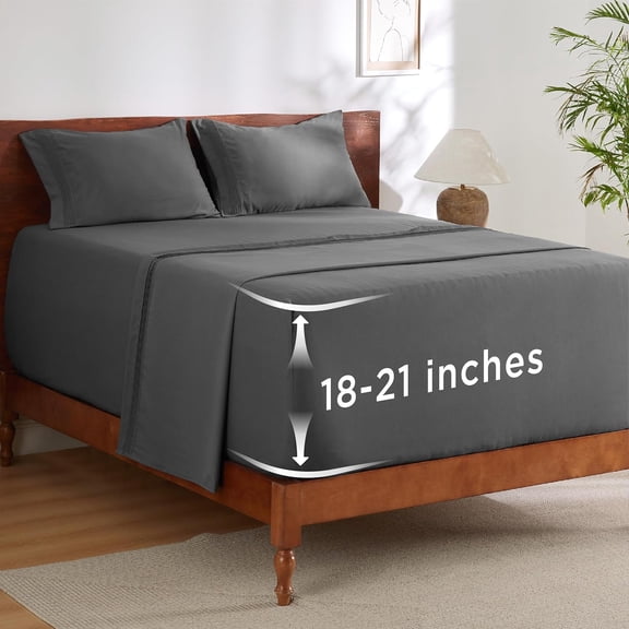 AINUO Queen Size Sheets Set, 4 Piece GentleSoft Cooling Bed Sheets with Extra Deep Pockets, Fits Mattress Up to 21 Inches, Moisture Wicking Soft Bedding Sheets and Pillowcases, Dark Grey