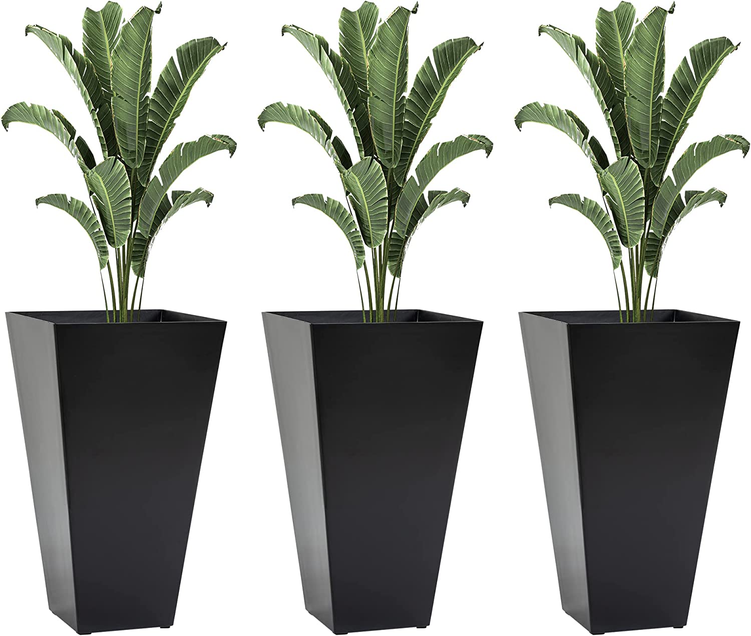 AINUO Set of 3 Tall Planters, 28 Inch Outdoor Flower Plant Pots with Drainage Holes, Indoor Outdoor Planters for Porch, Patio and Deck, Black