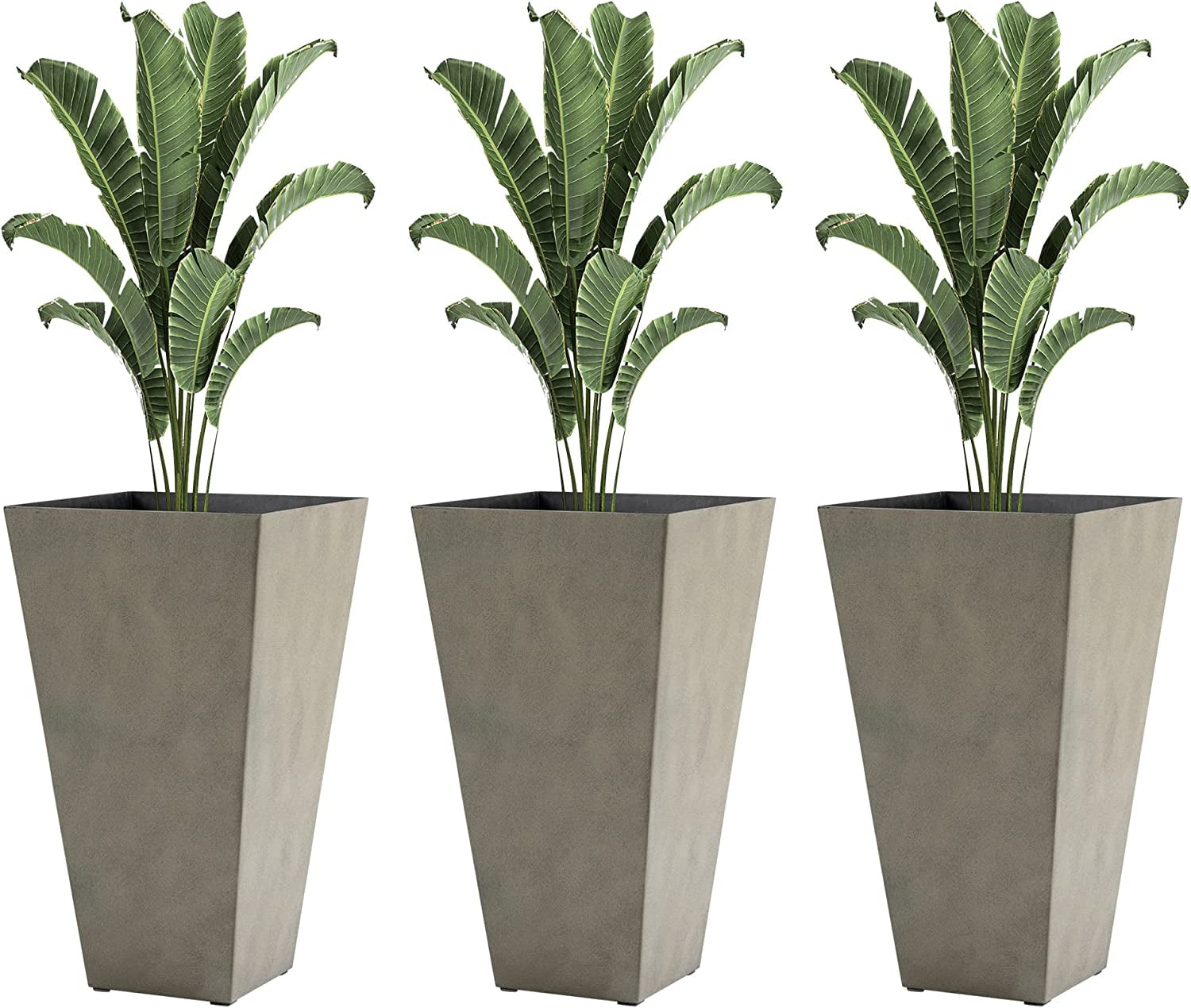 AINUO Set of 3 Tall Planters, 28 Inch Outdoor Flower Plant Pots with Drainage Holes, Indoor Outdoor Planters for Porch, Patio and Deck, Gray