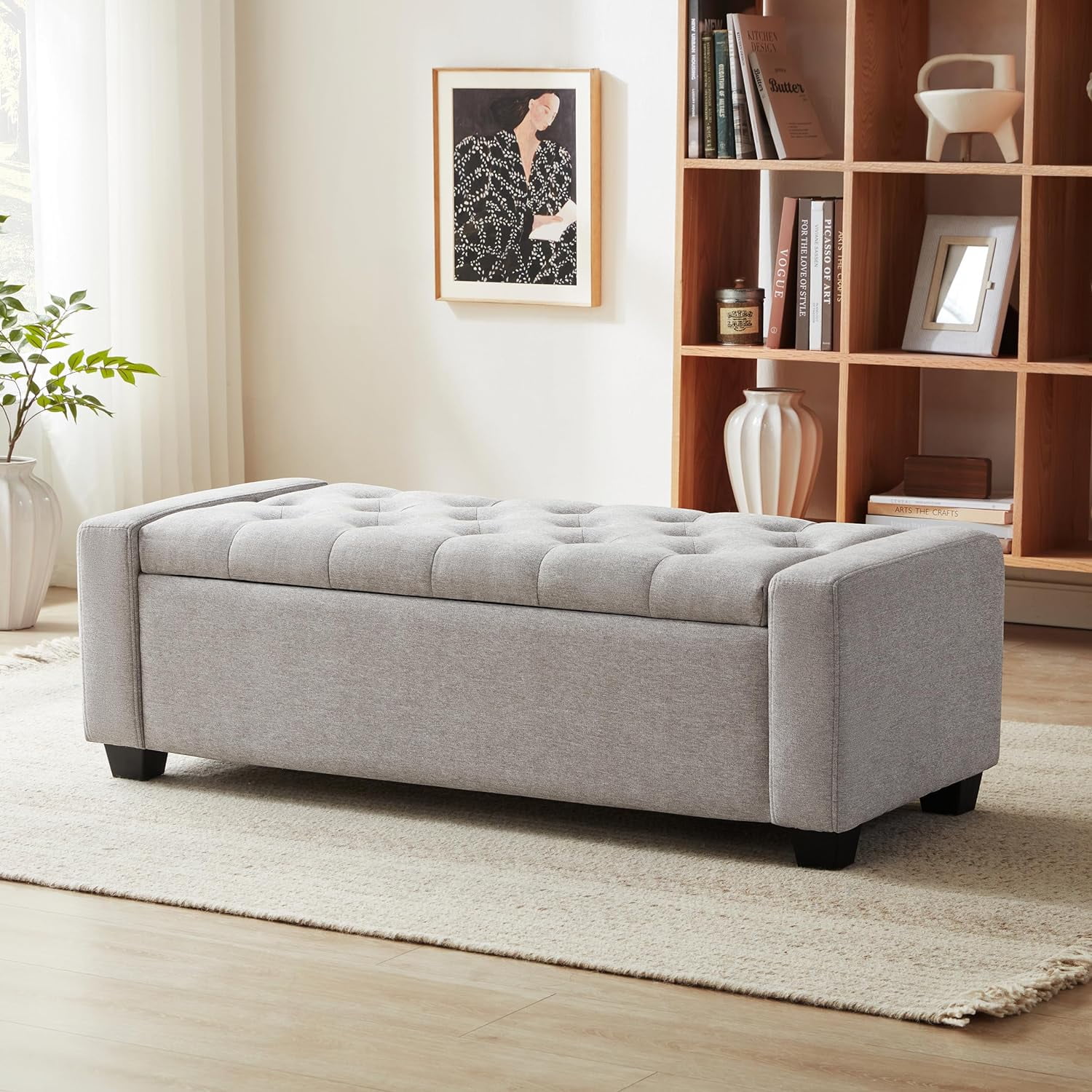 AINUO Storage Ottoman Bench, Light Gray Upholstered Ottoman with Storage and Safety Hinge, Support 330 lbs Multifunctional Seat Bench for Bedroom Living Room