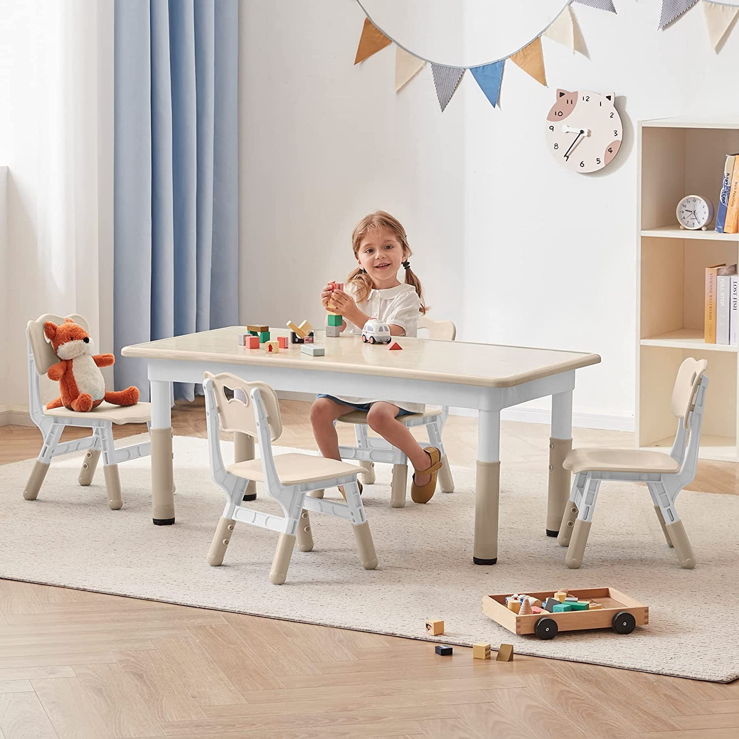 AINUO Toddler Table and Chairs Set for 4, 47.2"L x 23.6"W Height Adjustable Kids Study Table, Graffiti Desktop Children Activity Table for Home, Daycare, Classroom