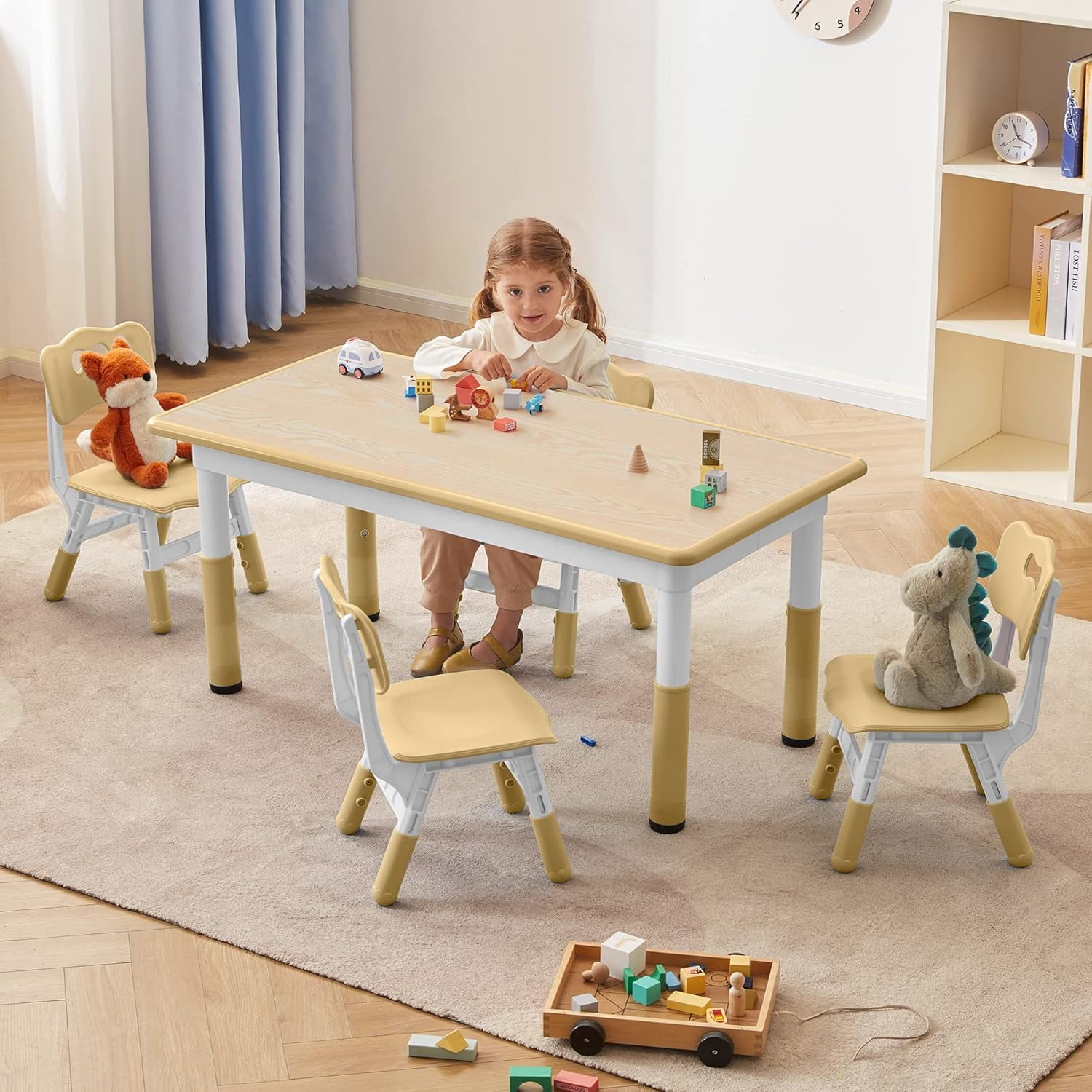AINUO Toddler Table and Chairs Set of 4, 47.2"L x 23.6"W Height Adjustable Kids Study Activity Table with Graffiti Desktop, Ideal for Home, Daycare, Classroom