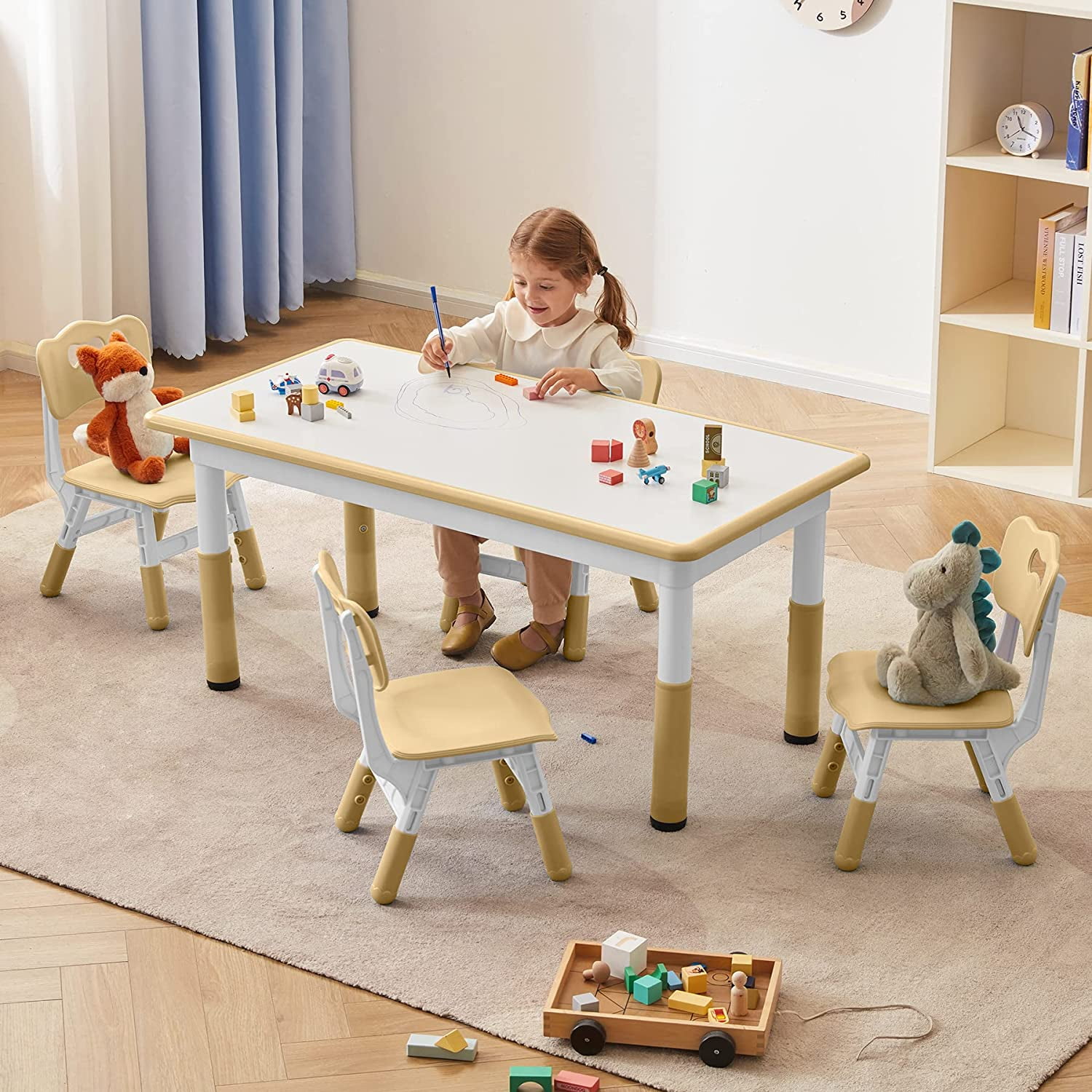 AINUO Toddler Table and Chairs Set for 4, 47.2"L x 23.6"W Height Adjustable Kids Activity Table with Graffiti Desktop, Study Play Table for Home Daycare Classroom