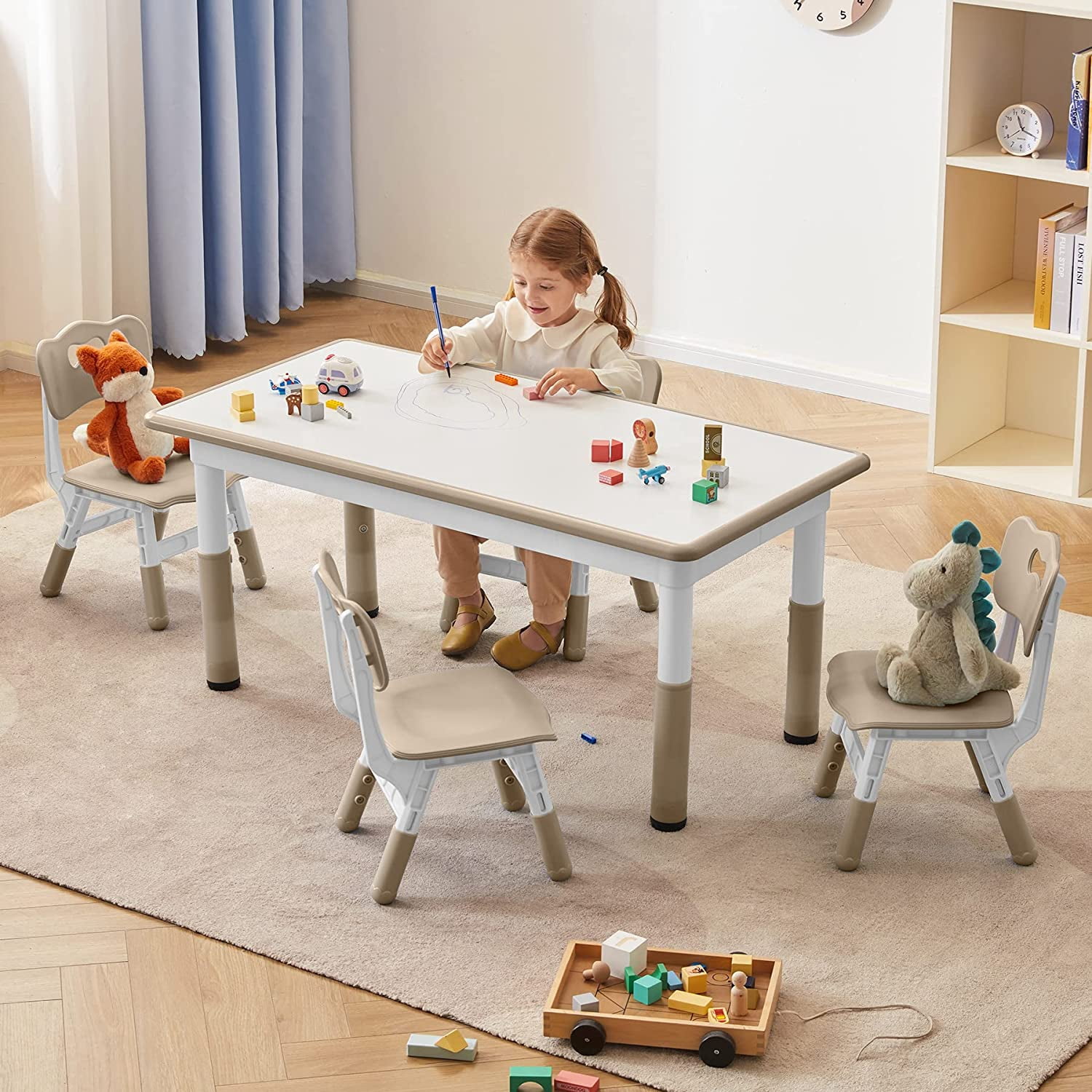 AINUO Toddler Table and Chairs Set for 4, 47.2''L x 23.6''W Kids Study Table and Chair Set, Height-Adjustable, Graffiti Desktop, Children Activity Table for Daycare, Classroom, Home
