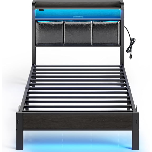 AINUO Twin Size Bed Frame with LED Lights & Charging Station, Black PU Leather Headboard with Storage Shelves, Heavy Duty Metal Slats, No Box Spring Needed, Noise Free Easy Assembly
