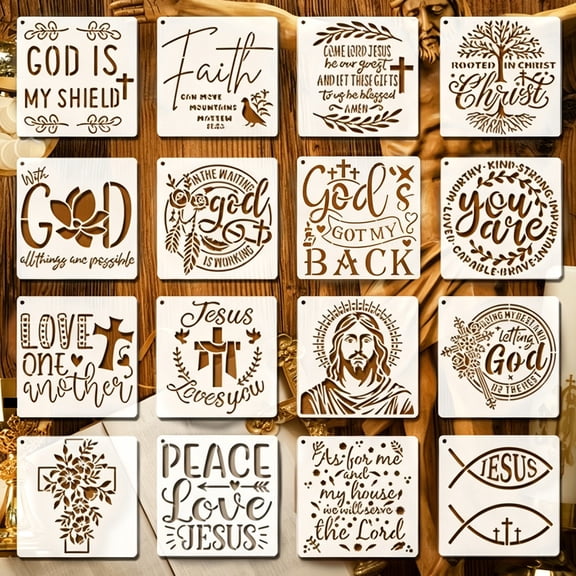 AINYROSE 16pcs Religious Belief-themed Painting Template with Square Hollow Design. Bible Scriptures/ Cross Patterns. Suitable for Scrapbooks/ Wall Paintings/ Home Decorations.