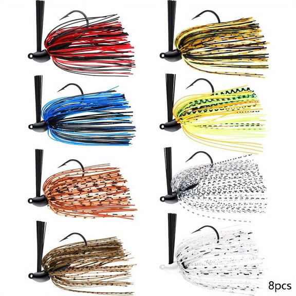 AINYROSE 8pcs Bass Fishing Jigs Bass Weedless Football Jig Metal Football Head Kit Swim Skirts Weed Guard Flipping Lures, Colorful