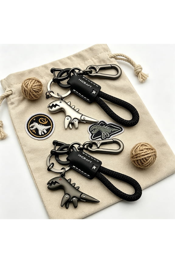 Cute Cartoon Little Dinosaur Keychain with Woven String for Preventing Loss and Hanging Hook. Car Keychain, Schoolbag Accessory, Gift.