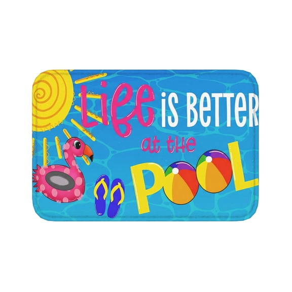 AIOE 16"x24" "Life is Better at the Pool" Flannel Doormat, Non-Slip Absorbent Poolside Mat with Flamingo, Beach Balls & Sun, Summer Decor for Patio, Entryway, Bathroom