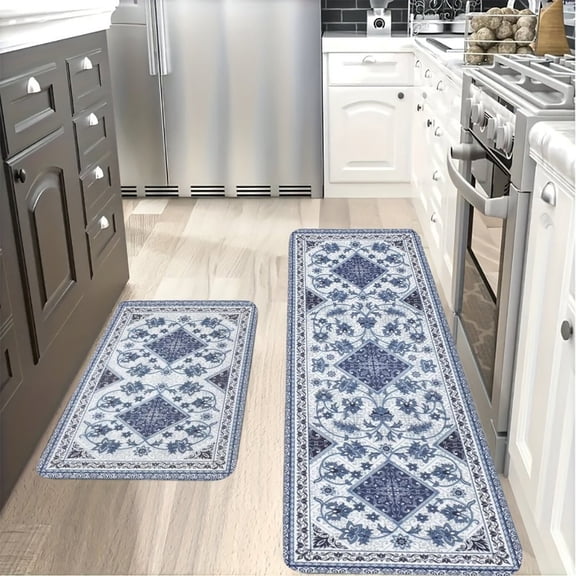 AIOE 2-Piece Blue & White Persian Tile Anti-Fatigue Kitchen Mat Set, Non-Slip Cushioned Kitchen Rugs, Stain-Resistant for Kitchen, Laundry Room, Farmhouse Decor 17"x47"+17"x29.5"