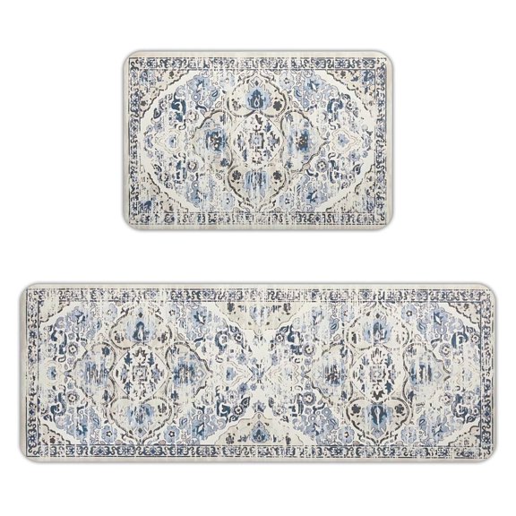 AIOE 2-Piece Distressed Blue Persian Medallion Anti-Fatigue Kitchen Mat Set, Non-Slip Cushioned Vintage Style Kitchen Rugs, Stain-Resistant for Laundry Room & Farmhouse Decor 17"x47"+17"x29.5"