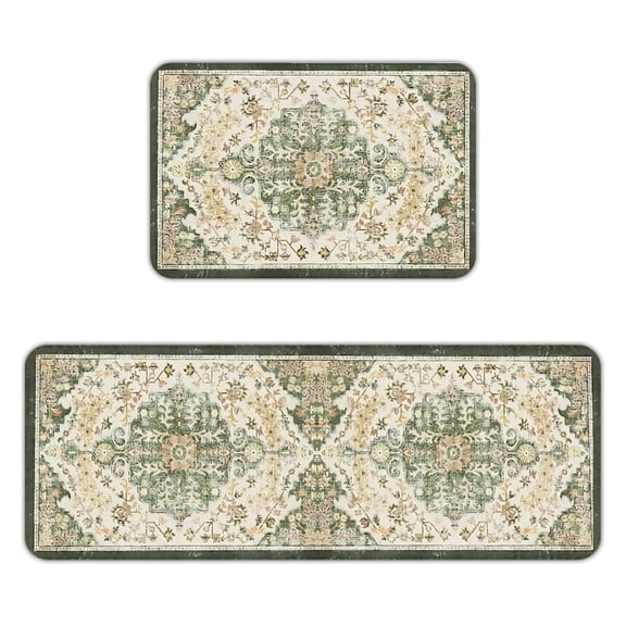 AIOE 2-Piece Green Vintage Persian Medallion Anti-Fatigue Kitchen Mat Set, 17"x47"+17"x29.5" Non-Slip Kitchen Rugs, Stain-Resistant for Farmhouse & Boho Decor