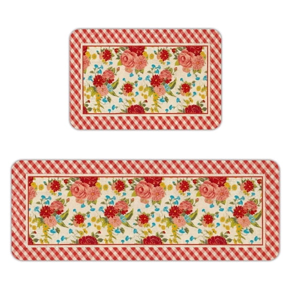 AIOE 2-Piece Vintage Floral Red Gingham Kitchen Mat Set, 17"x47"+17"x29.5" Non-Slip Absorbent Farmhouse Kitchen Rugs, Machine Washable