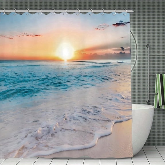 AIOE Beach Sunset Shower Curtain for Bathroom Decor Ocean Wave Sunrise Tropical Coastal Seaside Summer Scenery Art Printed Fabric Polyester Waterproof 12 Pack Plastic Hooks, 72x84 Inch