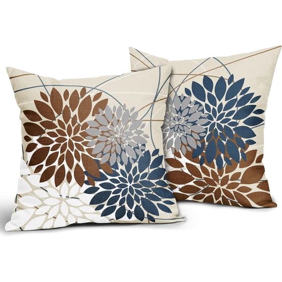 AIOE Brown Dark Blue Pillow Covers Set of 2 Dahlia Flower White Gray Elegant Colored Throw Pillows Farmhouse Outdoor Decor for Home Living Room Sofa Bed Floral Linen Square Cushion Case 20x20 Inch