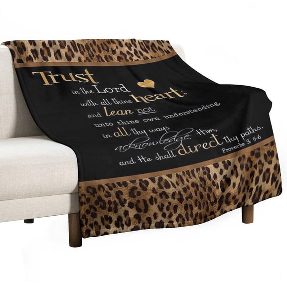 AIOE Brown Leopard Print Flannel Throw Blanket with an inspirational Bible verse from Proverbs 3:5-6 printed Blanket for Bed, Couch, and Sofa, Warm Silky Soft for Autumn and Winter 60x80in