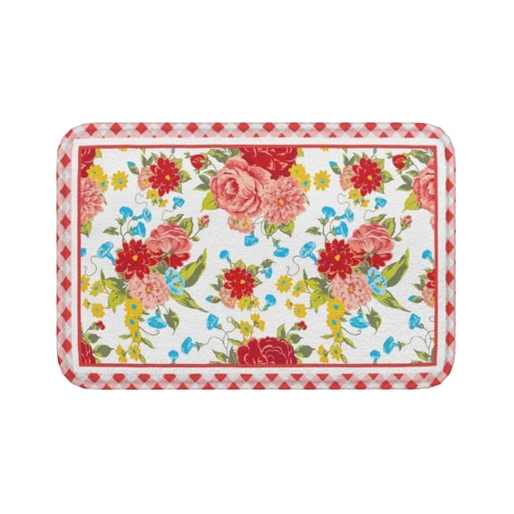 AIOE Charming 16"x24" Vintage Floral & Red Gingham Doormat – Non-Slip Low-Profile Entrance Mat for Front Door & Kitchen, Ideal for Rustic Farmhouse Decor Lovers