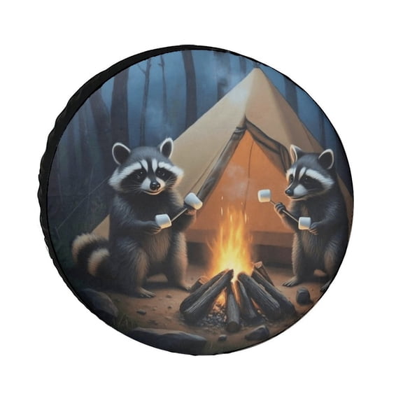 AIOE Cute Raccoons Roasting Marshmallows Spare Tire Cover, Waterproof UV Resistant Camping Wildlife Protector for Jeep Wrangler, SUV, RV, Trailer, 16 Inch