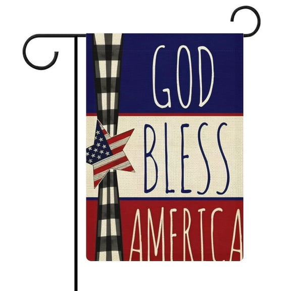 AIOE Double-Sided Burlap God Bless America Garden Flag - Buffalo Plaid Patriotic USA Yard Decor 12x18 Inch