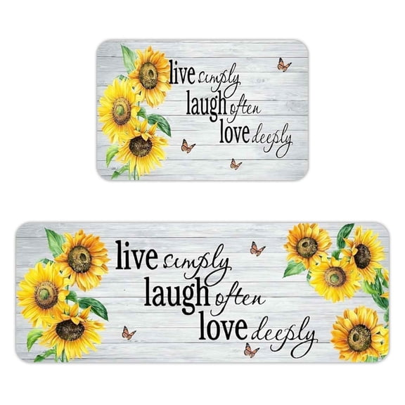 AIOE Extra Long Non-Slip Kitchen Mat Set of 2 Heavy-Duty PVC Floor Mat with Sunflower Design, Extra Wide 17"x47"+17"x29.5" Non-Slip Backing & Cushioned Surface