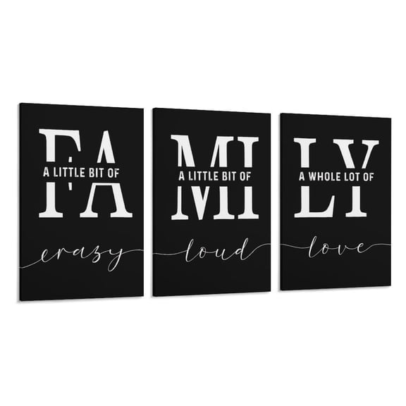 AIOE "Family A Little Bit of Crazy A Little Bit of Loud A Whole Lot of Love" 3-Piece Canvas Wall Art Set, Black & White Typography Decor for Living Room, Ready-to-Hang 12x16 Inch Each,