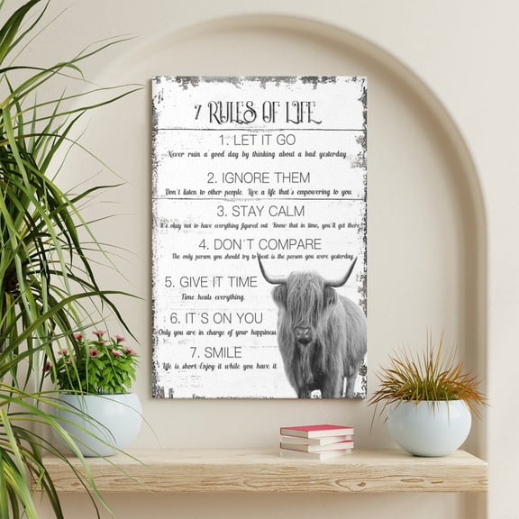AIOE Farmhouse Highland Cow Bathroom Wall Art Decor 7 Rules of Life Inspirational Canvas Painting Rustic Black and White Western Cow Pictures Prints Country Home Frame: 16x24in