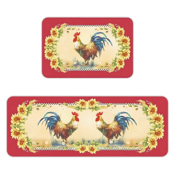 AIOE Farmhouse Kitchen Rugs and Mats Set of 2, Farm Red Rooster Kitchen Rug, Washable Non Skid Floor Mat for Home Kitchen Decor 17"x47" 17"x29.5"