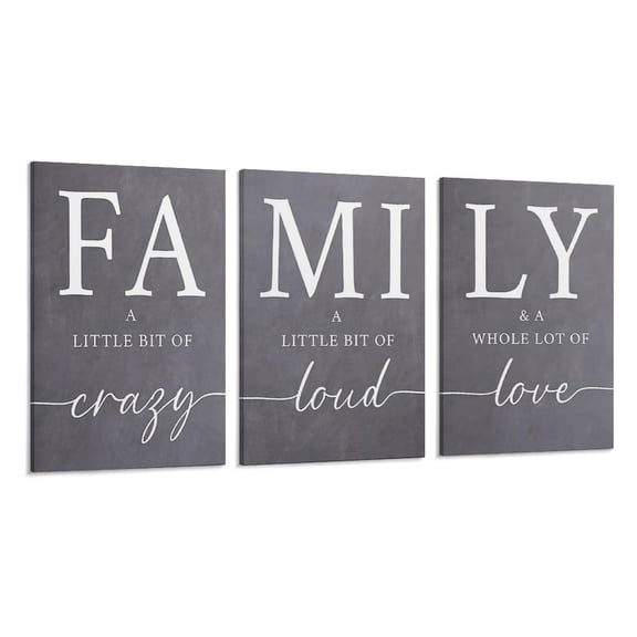 AIOE Framed "Family A Little Bit of Crazy A Little Bit of Loud A Whole Lot of Love" 3-Piece Canvas Wall Art Set, Gray Chalkboard Style Typography Decor for Living Room, Ready-to-Hang 12x16 Inch Each