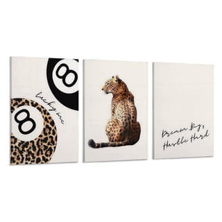 AIOE Framed Leopard Print 3-Piece Canvas Wall Art Set, Lucky 8 Ball, Leopard & "Dream Big Hustle Hard" Quote Prints, Ready-to-Hang Modern Preppy Decor for Bedroom/Living Room, 12x16 Inch Each