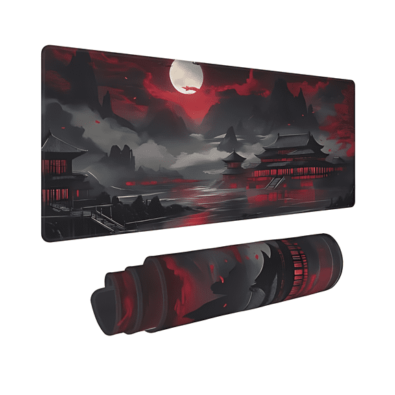 AIOE Full Moon Desk Mat Black Red Large Mouse Pad Gaming Mousepad 31.5x11.8 Inch Extended XL Keyboard Pad Laptop Pc Computer Mouse Keyboard Mat for Home Office Work Game