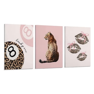 AIOE Leopard Print 3-Piece Canvas Wall Art Set, Pink Coquette Lucky 8 Ball, Leopard & Lips Prints, Trendy Preppy Decor for Bedroom/Living Room,Framed 12x16 Inch Each